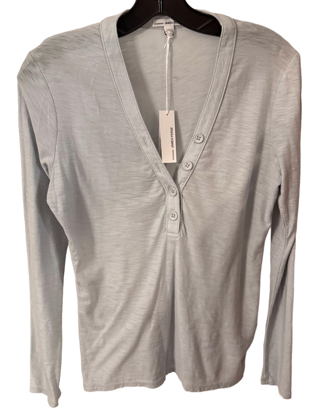 James Perse Women’s Jersey Henley Top V-neck Long Sleeves Glacier Sz M (2) NWT